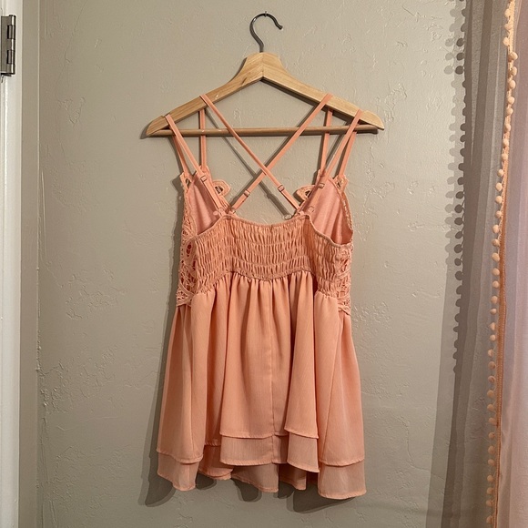 Lace and Chiffon Peplum Tank, Peach, Size XL - Picture 3 of 6